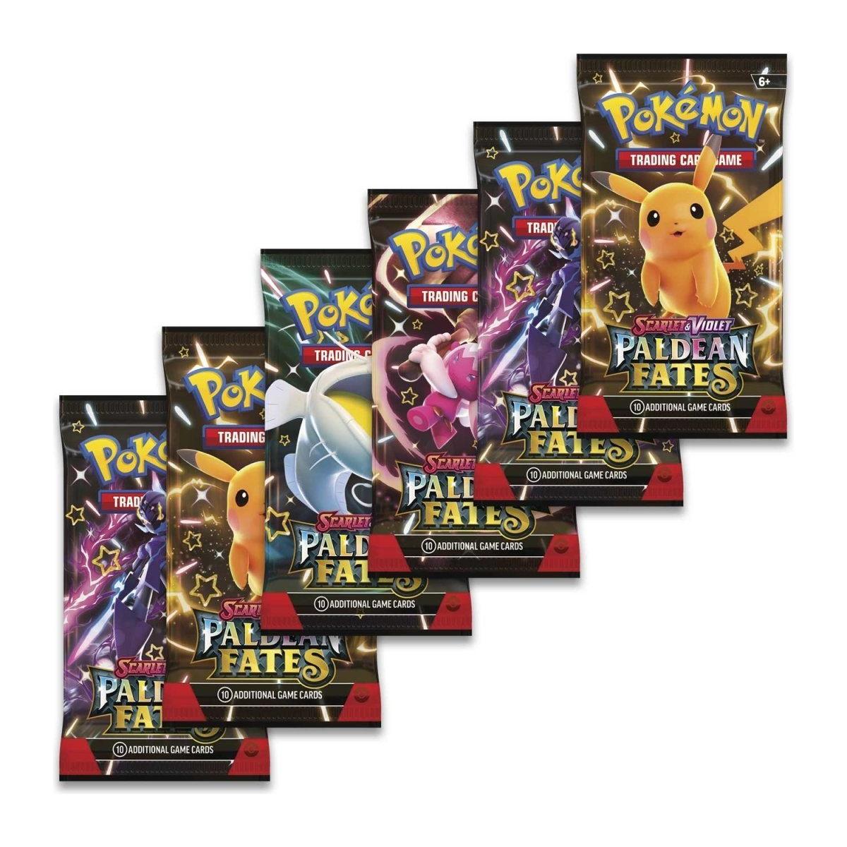 Pokémon Scarlet & Violet Paldean Fates Booster Bundle with 6 sealed packs featuring Shiny Pokémon, Tera Pokémon ex, and characters like Pikachu and Charizard