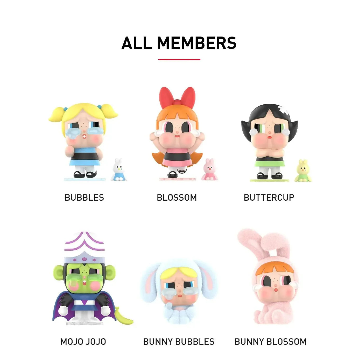 POP MART CryBaby x Powerpuff Girls Blind Box whole set — vinyl figure lineup featuring Blossom, Bubbles and Buttercup.