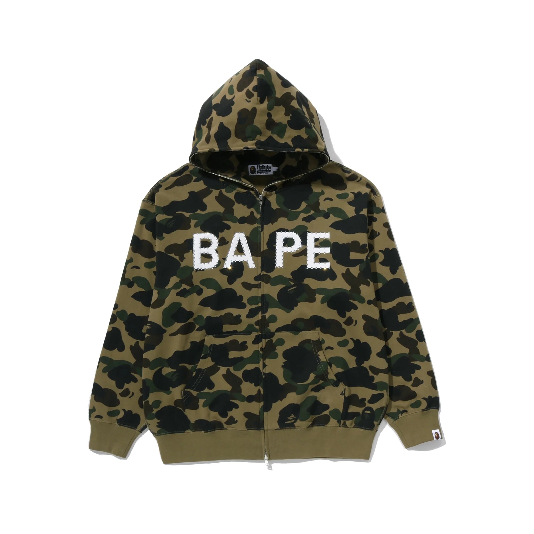 BAPE 1ST Camo BAPE Logo Rhinestone Relaxed Fit Full Zip Hoodie Green