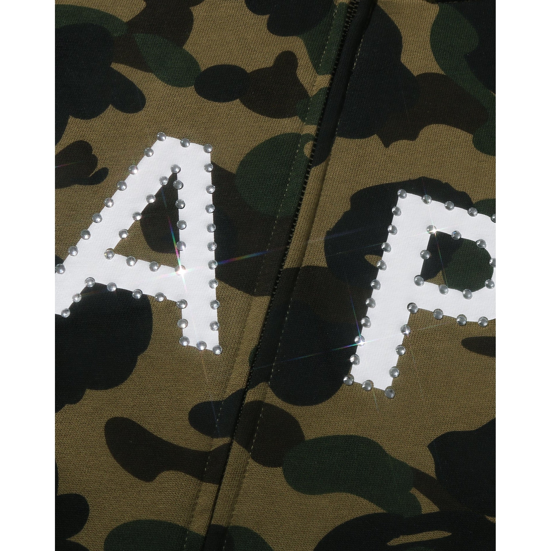 BAPE 1ST Camo BAPE Logo Rhinestone Relaxed Fit Full Zip Hoodie Green
