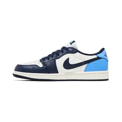 Air Jordan 1 Retro Low OG 'Obsidian UNC' with white leather, navy Swoosh and overlays, UNC blue heel tab, Wings logo, and stitched sole with heel Air cushioning