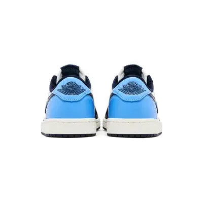 Air Jordan 1 Retro Low OG 'Obsidian UNC' with white leather, navy Swoosh and overlays, UNC blue heel tab, Wings logo, and stitched sole with heel Air cushioning