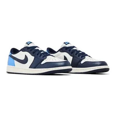 Air Jordan 1 Retro Low OG 'Obsidian UNC' with white leather, navy Swoosh and overlays, UNC blue heel tab, Wings logo, and stitched sole with heel Air cushioning