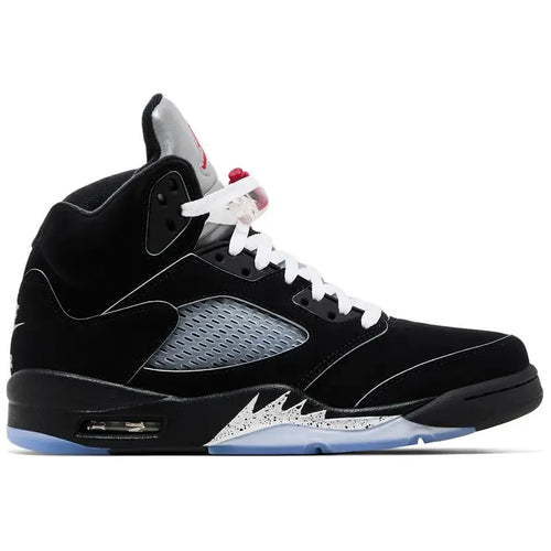 Air Jordan 5 Retro OG 'Black Metallic Reimagined' with black nubuck upper, reflective tongue and heel, silver shark tooth midsole, and translucent outsole