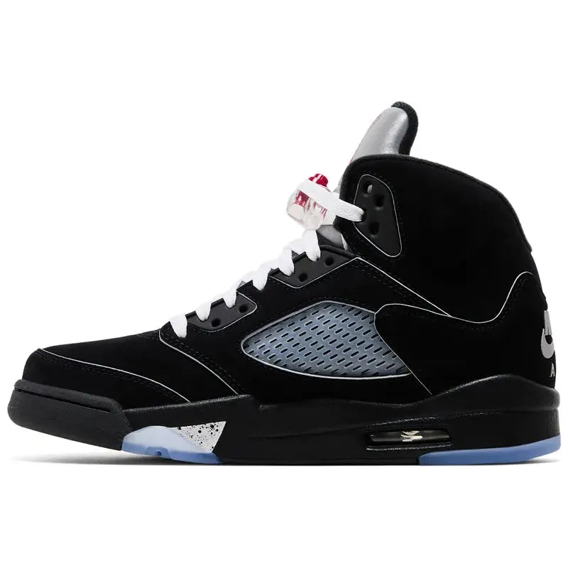 Air Jordan 5 Retro OG 'Black Metallic Reimagined' with black nubuck upper, reflective tongue and heel, silver shark tooth midsole, and translucent outsole