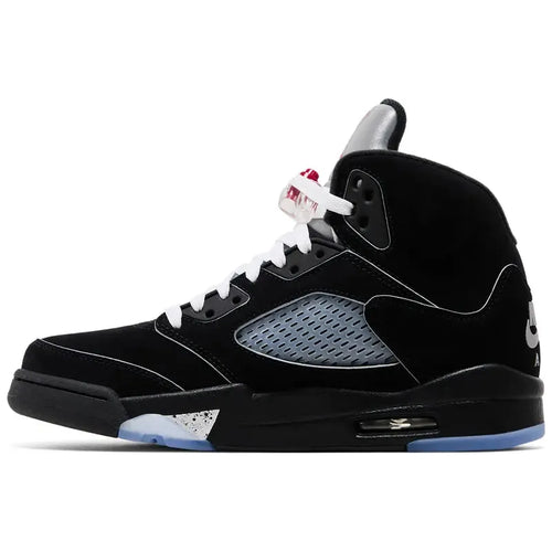 Air Jordan 5 Retro OG 'Black Metallic Reimagined' with black nubuck upper, reflective tongue and heel, silver shark tooth midsole, and translucent outsole