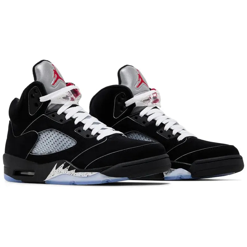 Air Jordan 5 Retro OG 'Black Metallic Reimagined' with black nubuck upper, reflective tongue and heel, silver shark tooth midsole, and translucent outsole