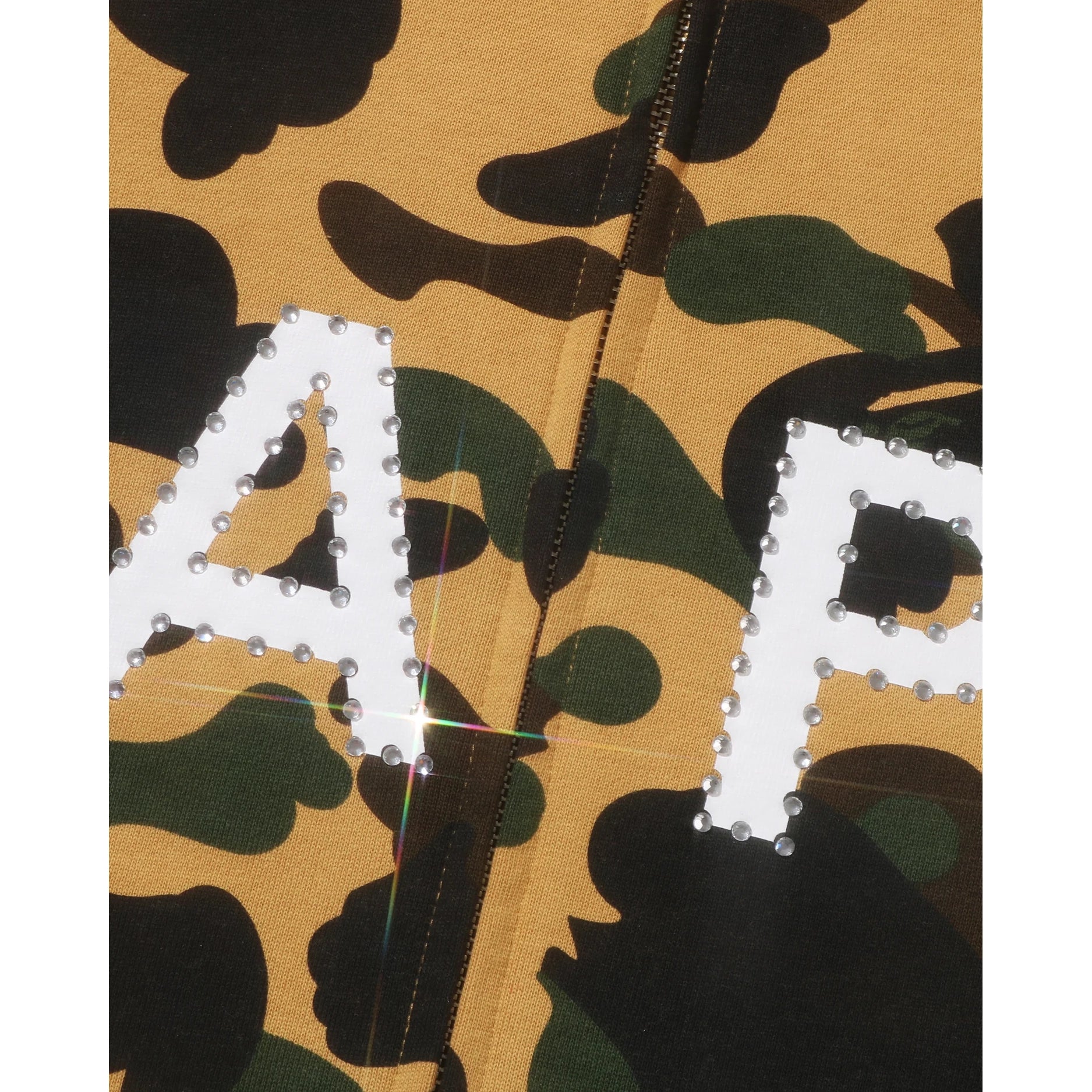 BAPE 1ST Camo BAPE Logo Rhinestone Relaxed Fit Full Zip Hoodie Yellow