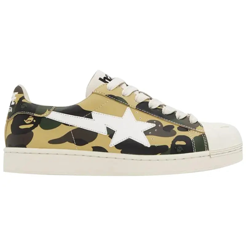 BAPE Skullsta '1st Camo – Yellow' sneakers with iconic yellow camo print, low-top silhouette, and durable design for bold streetwear looks
