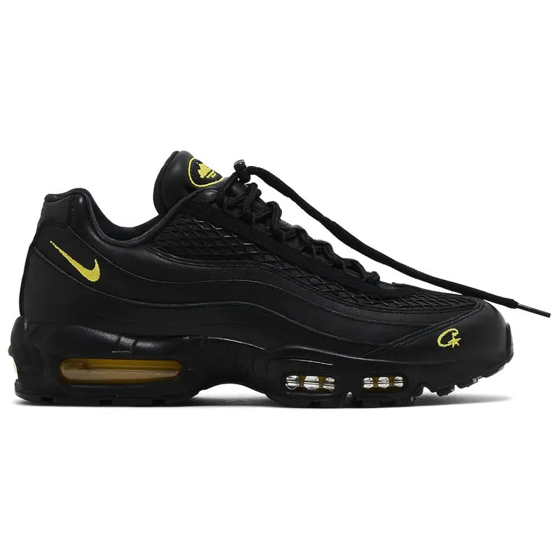 Corteiz x Nike Air Max 95 SP 'Honey Blacks' sneaker with black leather upper, yellow branding accents, and visible yellow-tinted Max Air cushioning