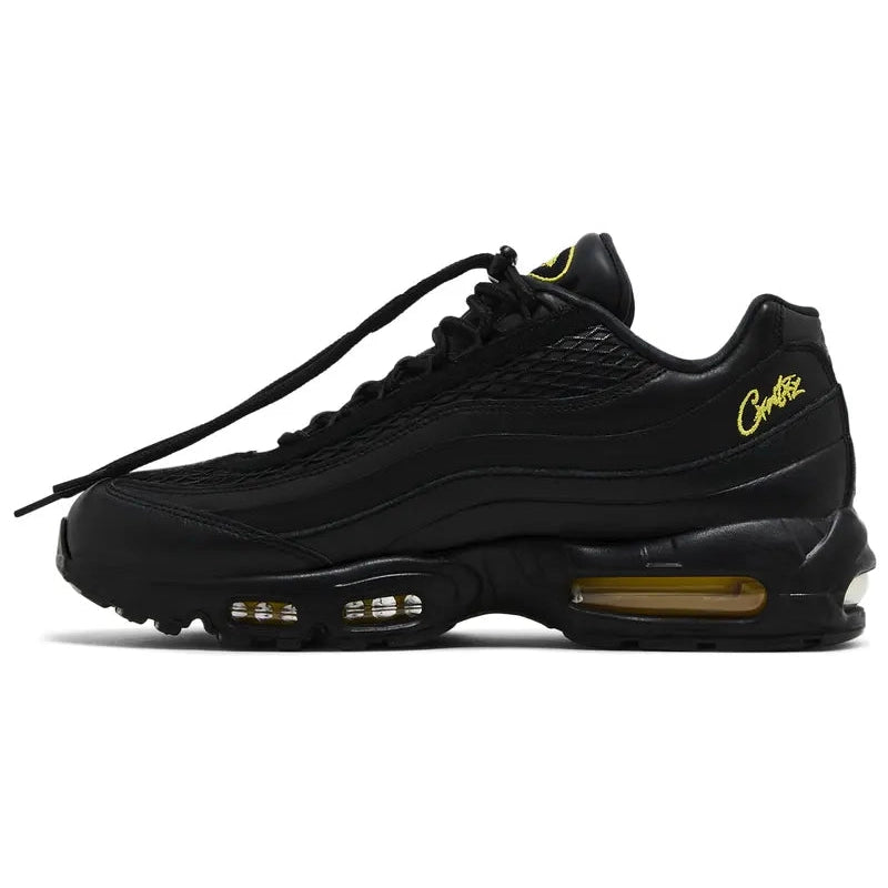 Corteiz x Nike Air Max 95 SP 'Honey Blacks' sneaker with black leather upper, yellow branding accents, and visible yellow-tinted Max Air cushioning