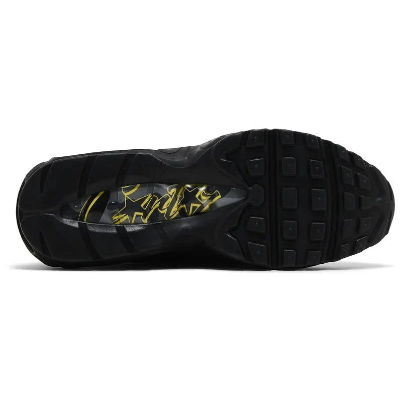 Corteiz x Nike Air Max 95 SP 'Honey Blacks' sneaker with black leather upper, yellow branding accents, and visible yellow-tinted Max Air cushioning