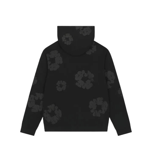 Denim Tears Black Mono Wreath Hoodie with monochrome puff-print wreath graphic, soft fleece fabric, and relaxed fit for bold streetwear appeal