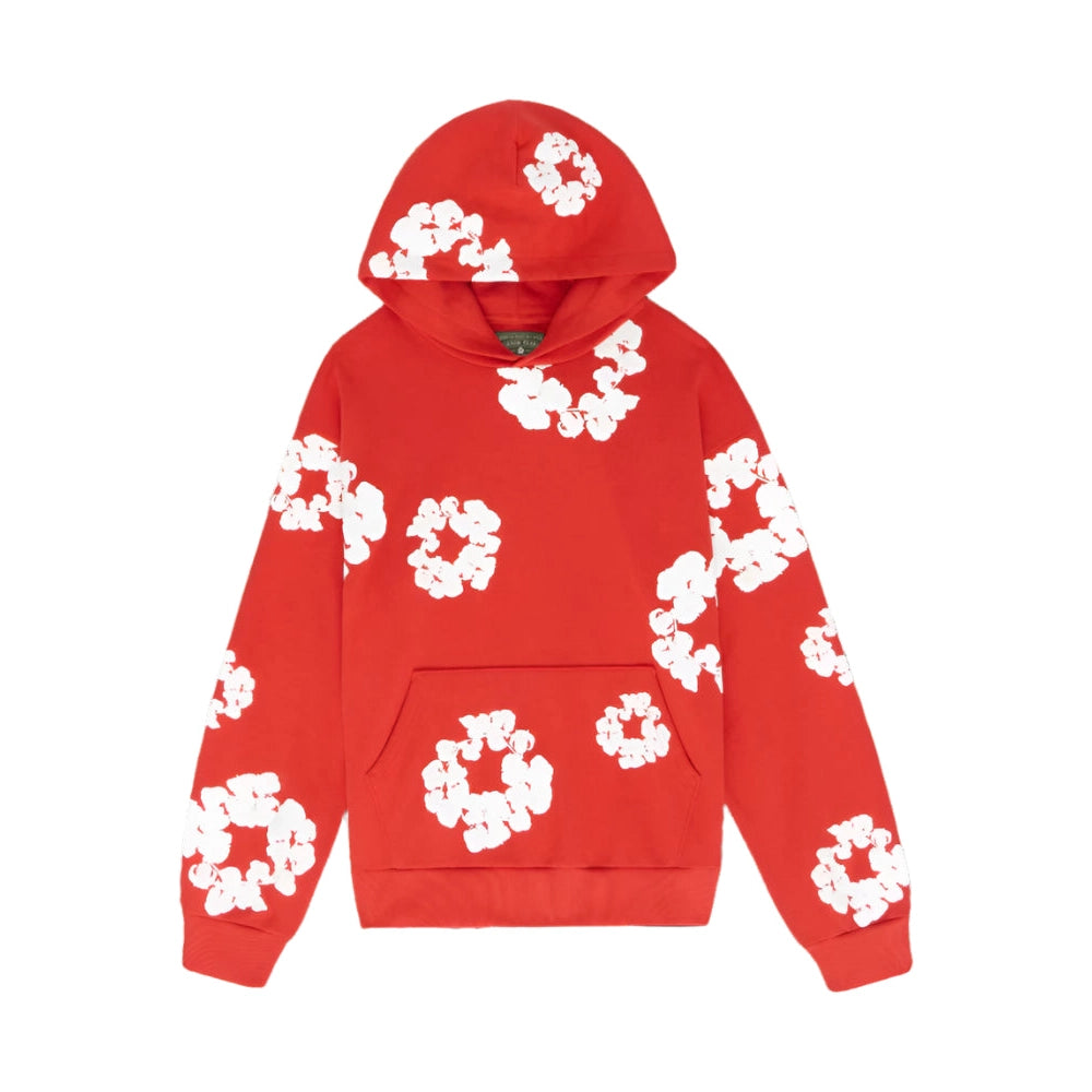 Denim Tears Cotton Wreath Sweatshirt in Red with puff-printed wreath graphic, soft cotton fabric, and relaxed fit for bold, heritage-inspired streetwear