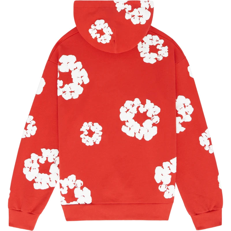 Denim Tears Cotton Wreath Sweatshirt in Red with puff-printed wreath graphic, soft cotton fabric, and relaxed fit for bold, heritage-inspired streetwear