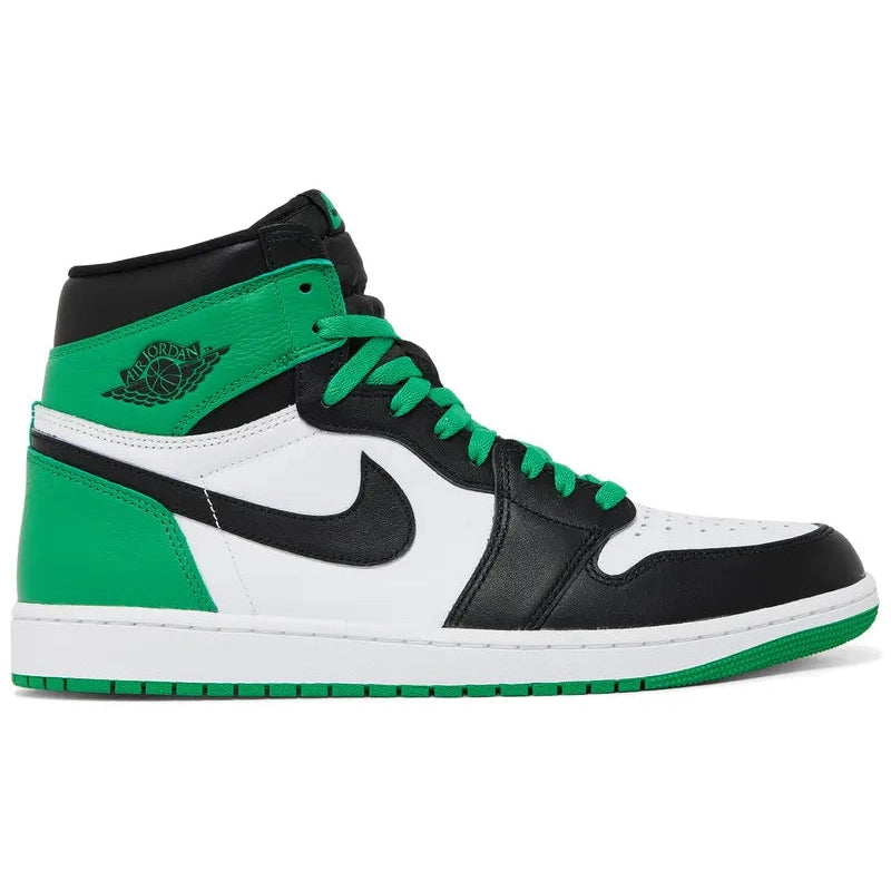Air Jordan 1 Retro High OG 'Lucky Green' with white leather upper, black overlays, green heel accents, and retro Nike branding on nylon tongue