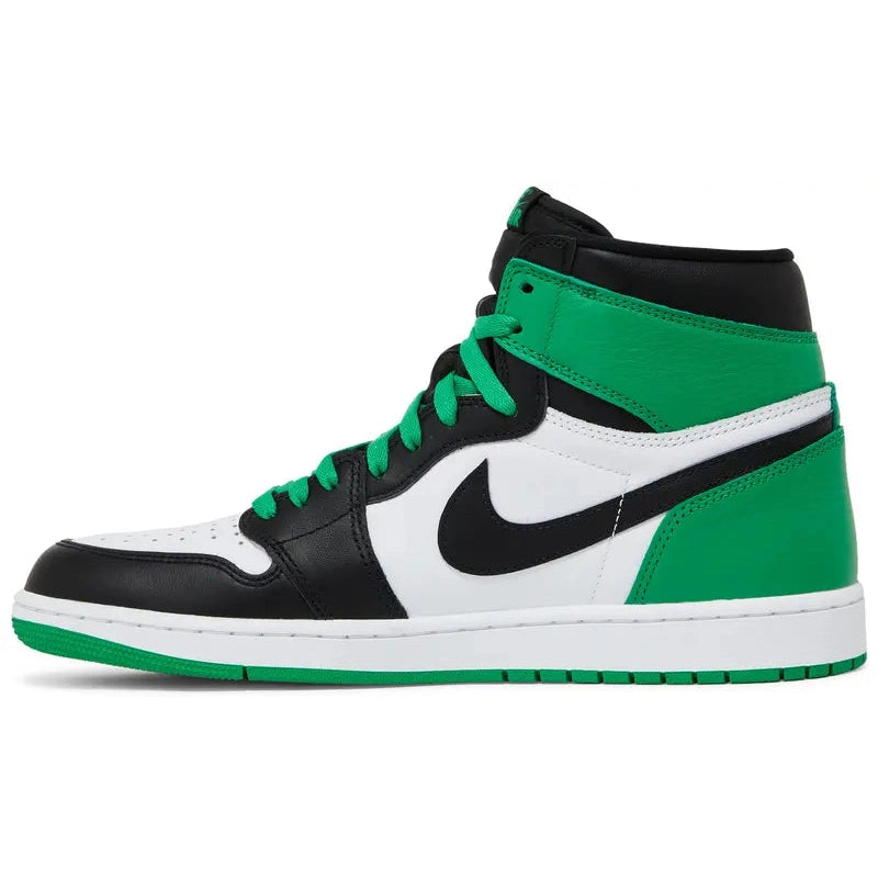 Air Jordan 1 Retro High OG 'Lucky Green' with white leather upper, black overlays, green heel accents, and retro Nike branding on nylon tongue