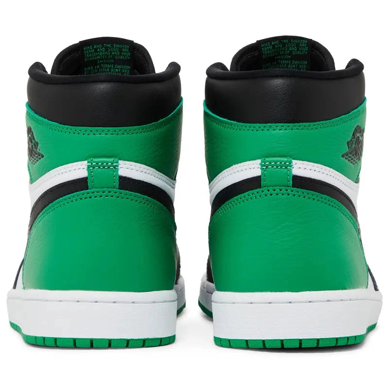 Air Jordan 1 Retro High OG 'Lucky Green' with white leather upper, black overlays, green heel accents, and retro Nike branding on nylon tongue