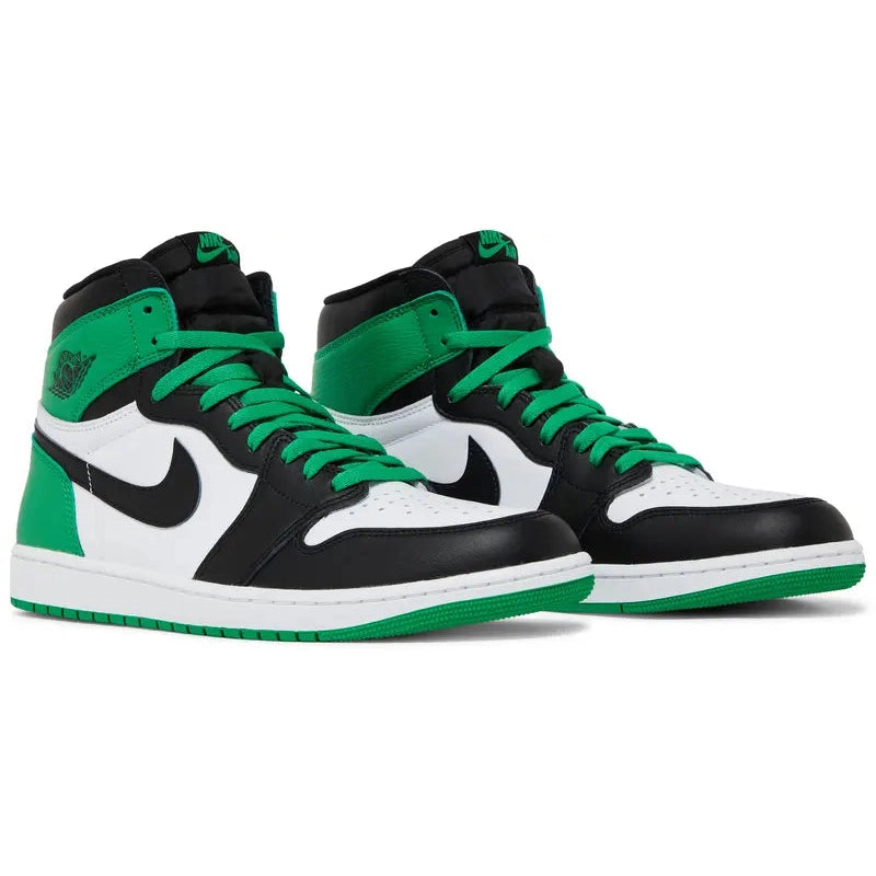 Air Jordan 1 Retro High OG 'Lucky Green' with white leather upper, black overlays, green heel accents, and retro Nike branding on nylon tongue