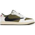 Jordan 1 Retro Low OG SP x Travis Scott 'Medium Olive' with suede and leather upper, reverse Swoosh, olive accents, and Cactus Jack branding
