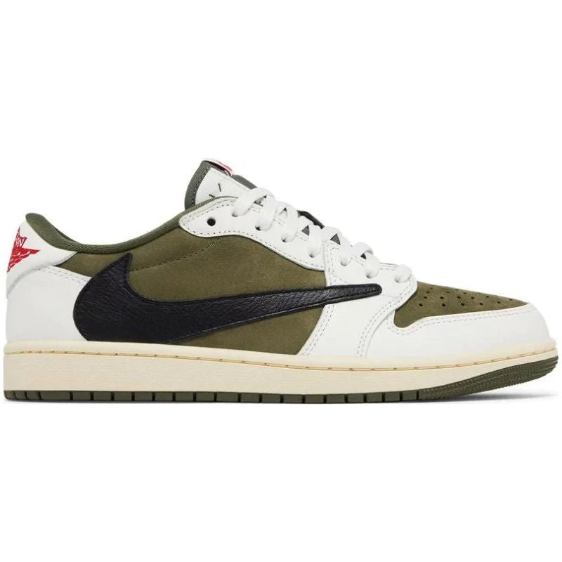 Jordan 1 Retro Low OG SP x Travis Scott 'Medium Olive' with suede and leather upper, reverse Swoosh, olive accents, and Cactus Jack branding