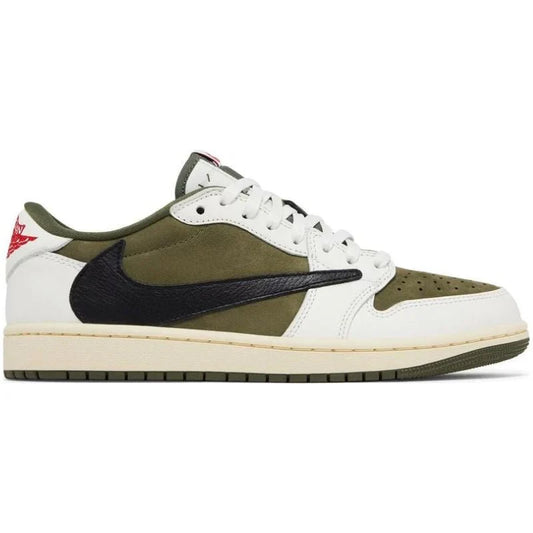 Jordan 1 Retro Low OG SP x Travis Scott 'Medium Olive' with suede and leather upper, reverse Swoosh, olive accents, and Cactus Jack branding
