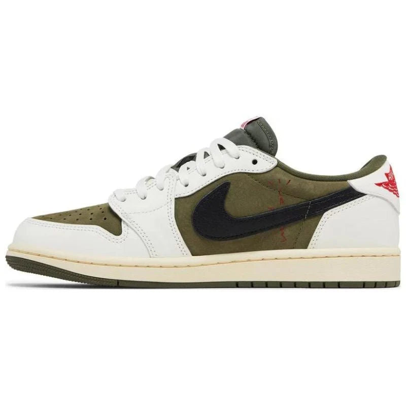 Jordan 1 Retro Low OG SP x Travis Scott 'Medium Olive' with suede and leather upper, reverse Swoosh, olive accents, and Cactus Jack branding