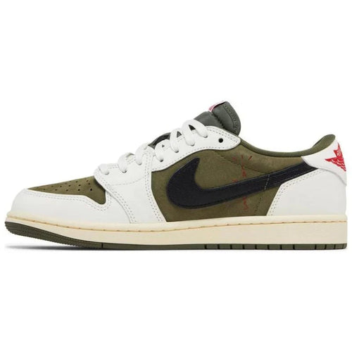 Jordan 1 Retro Low OG SP x Travis Scott 'Medium Olive' with suede and leather upper, reverse Swoosh, olive accents, and Cactus Jack branding