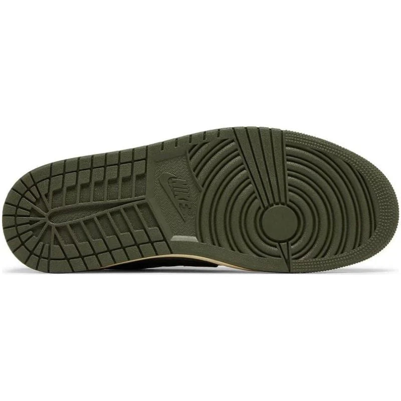 Jordan 1 Retro Low OG SP x Travis Scott 'Medium Olive' with suede and leather upper, reverse Swoosh, olive accents, and Cactus Jack branding