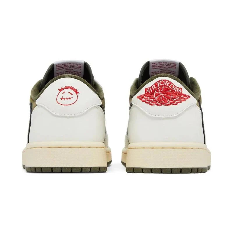 Jordan 1 Retro Low OG SP x Travis Scott 'Medium Olive' with suede and leather upper, reverse Swoosh, olive accents, and Cactus Jack branding