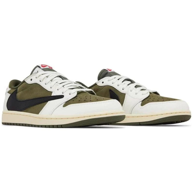 Jordan 1 Retro Low OG SP x Travis Scott 'Medium Olive' with suede and leather upper, reverse Swoosh, olive accents, and Cactus Jack branding