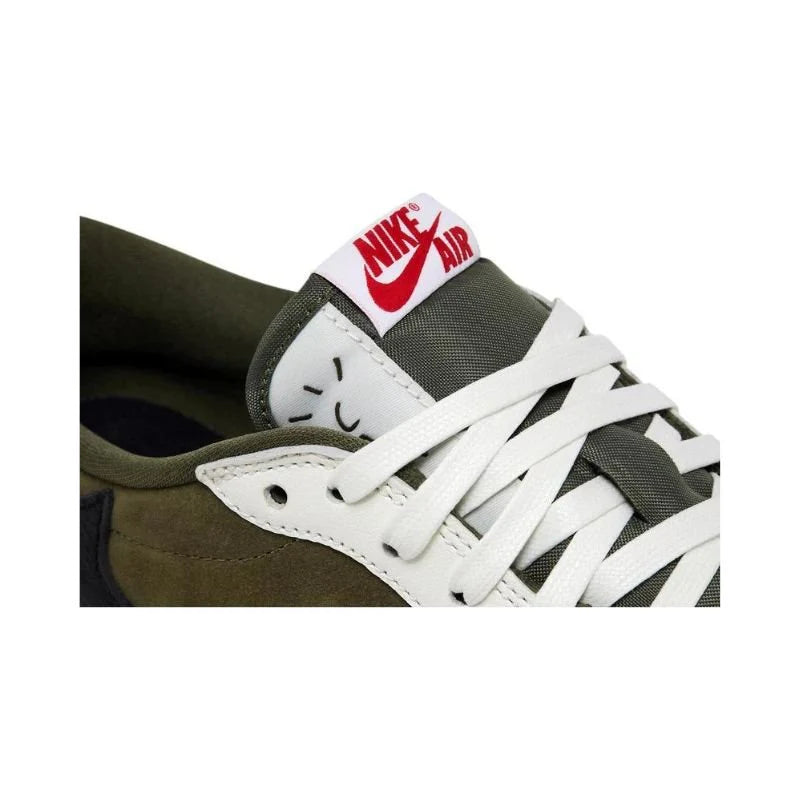 Jordan 1 Retro Low OG SP x Travis Scott 'Medium Olive' with suede and leather upper, reverse Swoosh, olive accents, and Cactus Jack branding