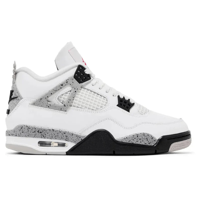 Jordan 4 Retro White Cement (2025) sneaker with white leather upper, cement grey accents, and classic silhouette designed for comfort and everyday wear