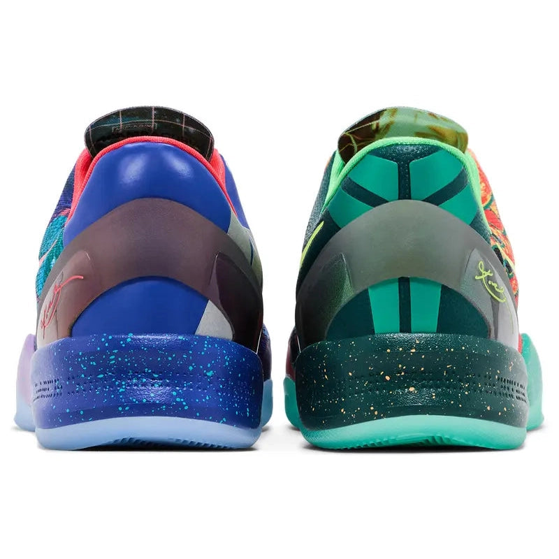 Nike Kobe 8 Protro 'What The Kobe' 2025 with mismatched red and blue snakeskin uppers, bold Swooshes, and Cushlon midsole with Zoom Air forefoot cushioning