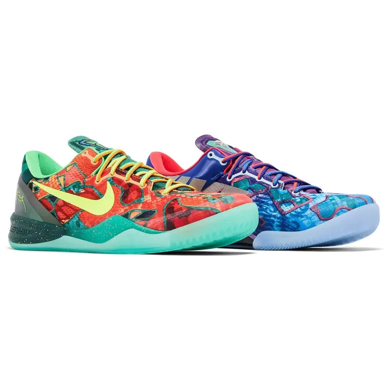 Nike Kobe 8 Protro 'What The Kobe' 2025 with mismatched red and blue snakeskin uppers, bold Swooshes, and Cushlon midsole with Zoom Air forefoot cushioning