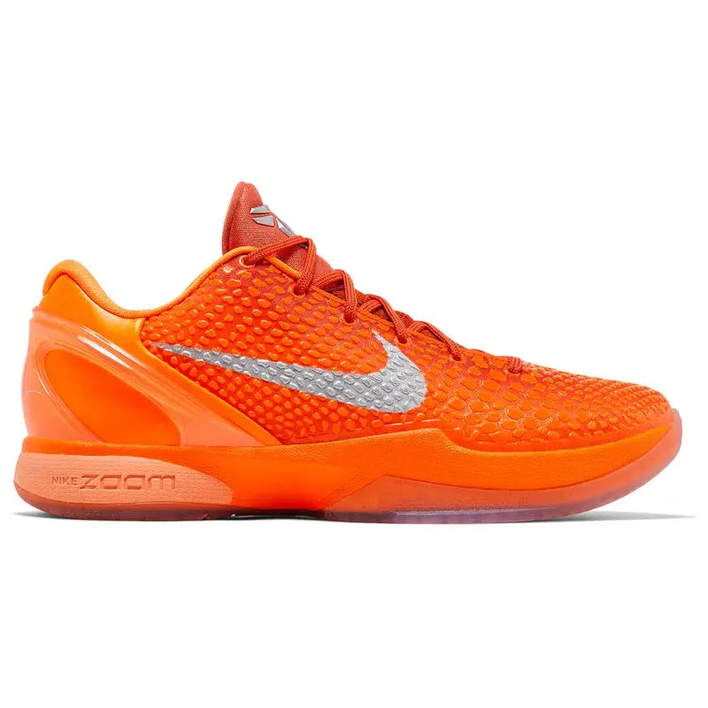 Nike Zoom Kobe 6 Protro 'Total Orange' sneaker with bright orange snakeskin upper, metallic silver Swoosh, Kobe logo on tongue, and Zoom Turbo cushioning