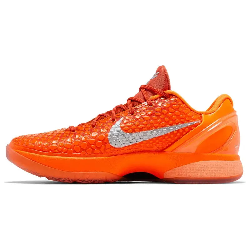 Nike Zoom Kobe 6 Protro 'Total Orange' sneaker with bright orange snakeskin upper, metallic silver Swoosh, Kobe logo on tongue, and Zoom Turbo cushioning