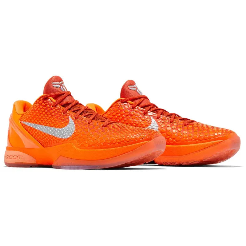 Nike Zoom Kobe 6 Protro 'Total Orange' sneaker with bright orange snakeskin upper, metallic silver Swoosh, Kobe logo on tongue, and Zoom Turbo cushioning