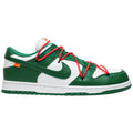 Off-White x Nike Dunk Low 'Pine Green' with green and white leather upper, orange Swoosh tag, Flywire lacing, and raw-edge tongue in Virgil Abloh's signature style