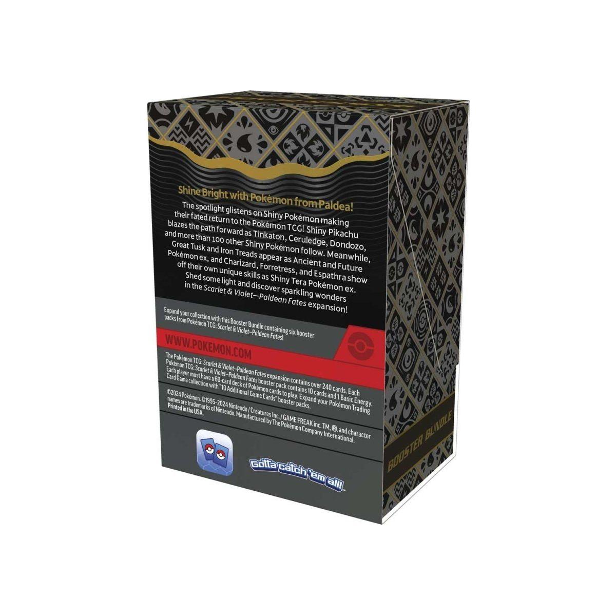 Pokémon Scarlet & Violet Paldean Fates Booster Bundle with 6 sealed packs featuring Shiny Pokémon, Tera Pokémon ex, and characters like Pikachu and Charizard