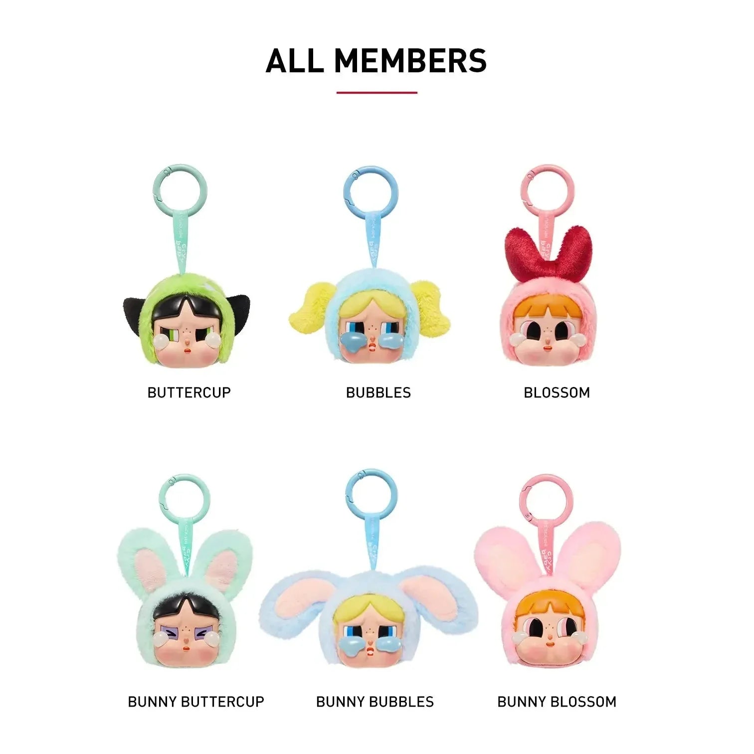 POP MART CryBaby x Powerpuff Girls vinyl face plush from blind box series, soft and colorful with signature CryBaby design and Powerpuff character features