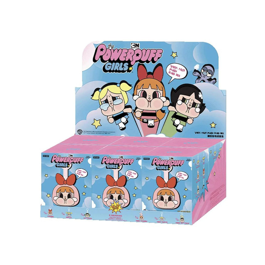 POP MART CryBaby x Powerpuff Girls sealed case with 6 blind boxes, each containing soft vinyl face plush featuring unique CryBaby and Powerpuff Girls design