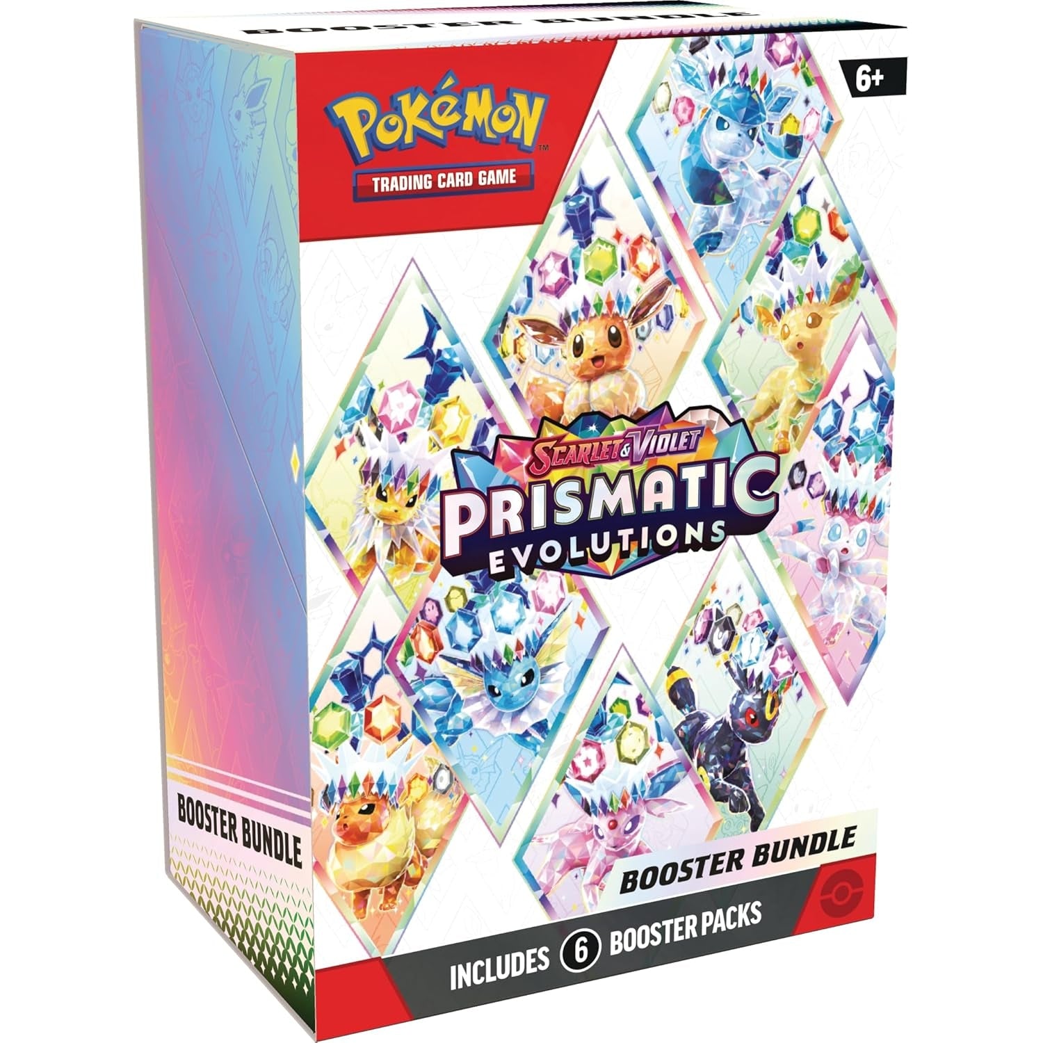Pokémon Prismatic Evolutions Booster Bundle with 6 sealed packs featuring Eevee and Evolutions as Tera Pokémon ex in vibrant, collectible packaging