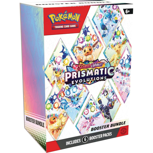 Pokémon Prismatic Evolutions Booster Bundle with 6 sealed packs featuring Eevee and Evolutions as Tera Pokémon ex in vibrant, collectible packaging