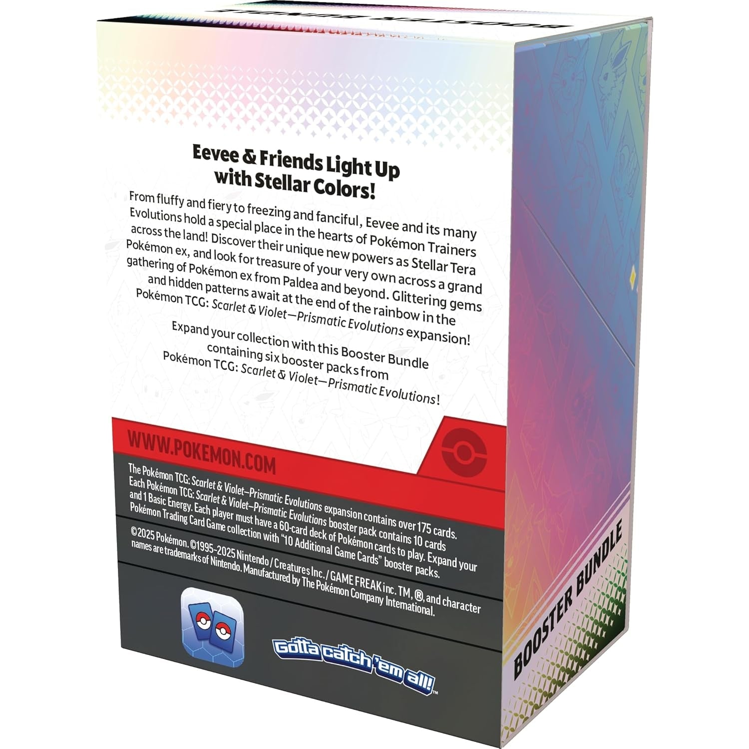 Pokémon Prismatic Evolutions Booster Bundle with 6 sealed packs featuring Eevee and Evolutions as Tera Pokémon ex in vibrant, collectible packaging