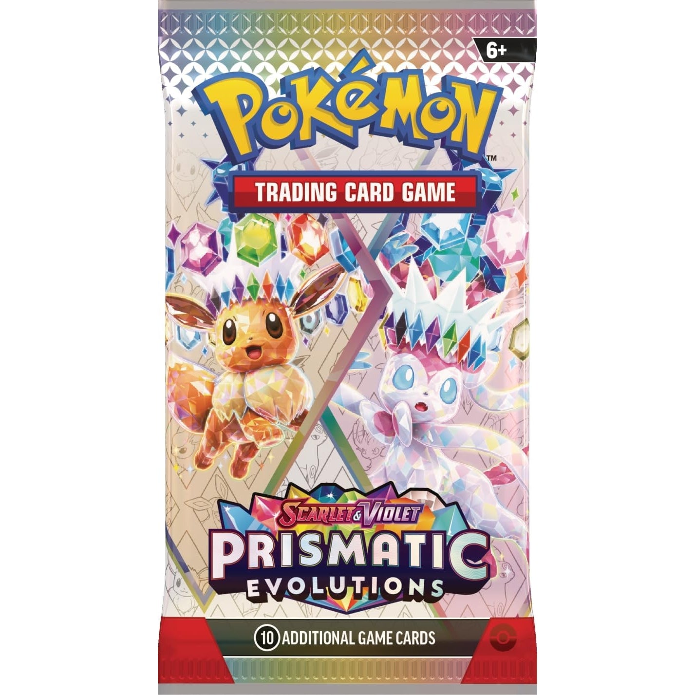 Pokémon Prismatic Evolutions Booster Bundle with 6 sealed packs featuring Eevee and Evolutions as Tera Pokémon ex in vibrant, collectible packaging