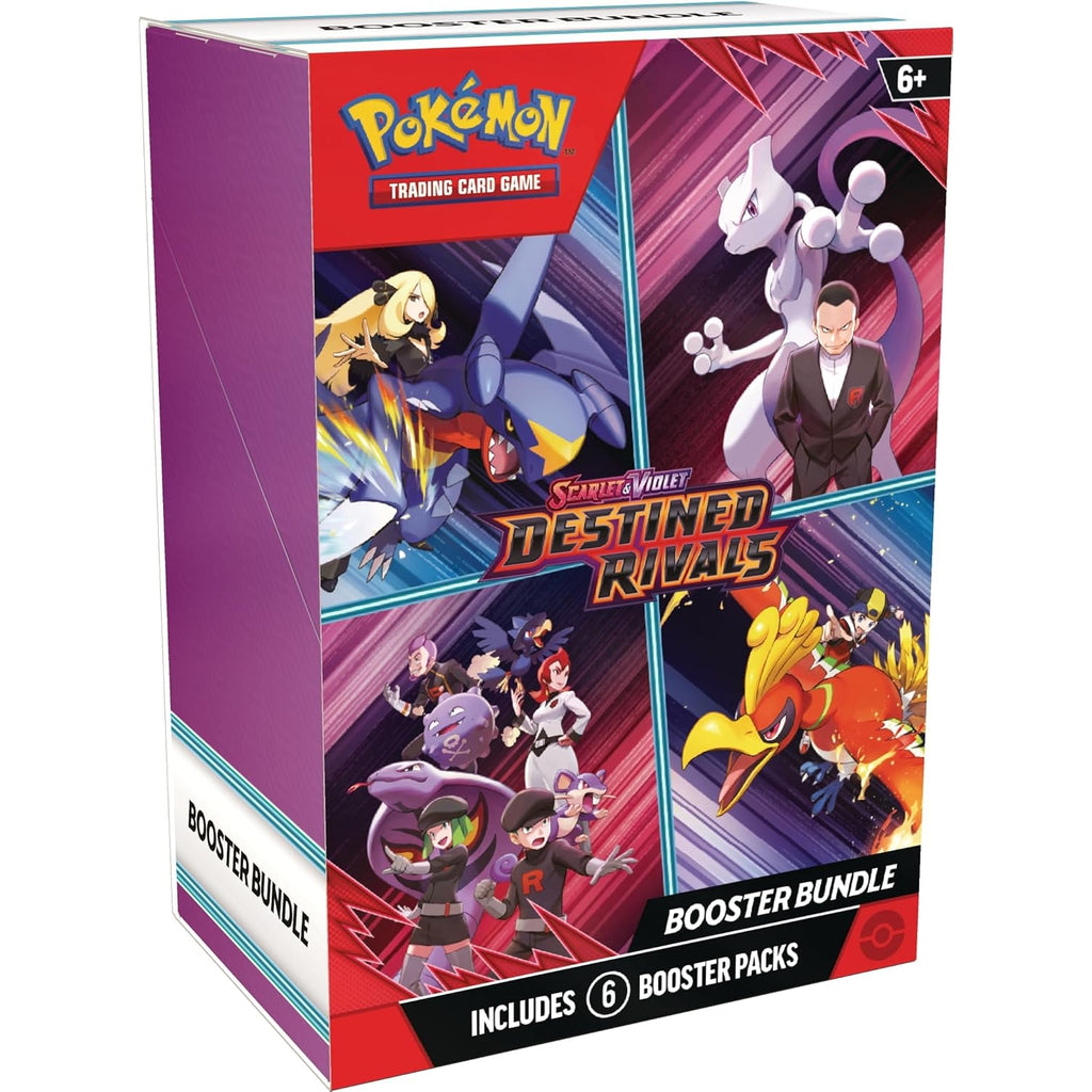 Pokémon Scarlet & Violet Destined Rivals Booster Bundle with 6 sealed packs, featuring characters like Giovanni, Mewtwo, Cynthia, and Garchomp ex