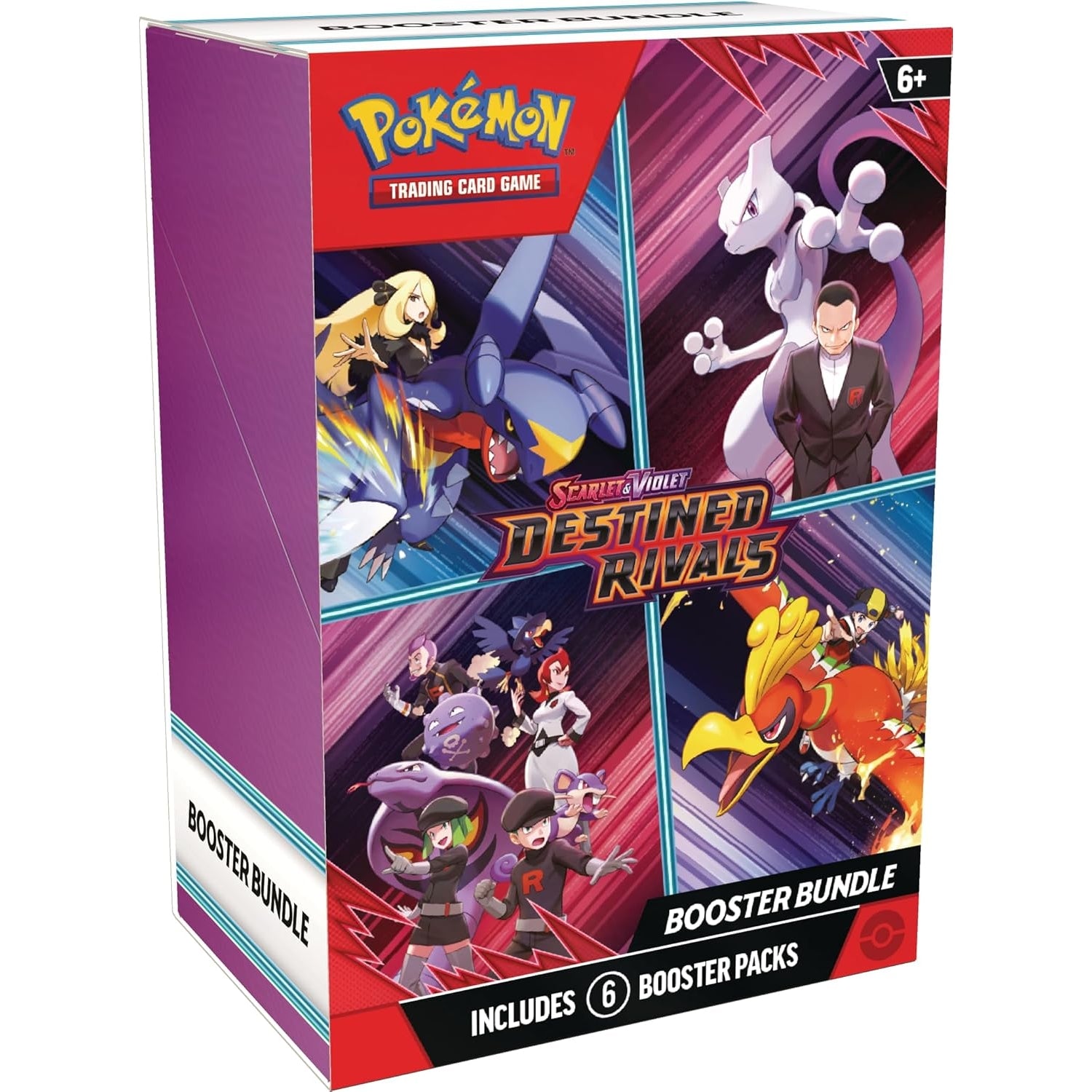 Pokémon Scarlet & Violet Destined Rivals Booster Bundle with 6 sealed packs, featuring characters like Giovanni, Mewtwo, Cynthia, and Garchomp ex