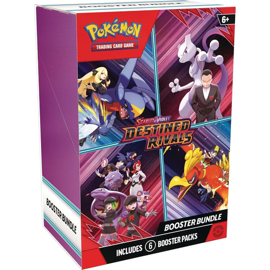 Pokémon Scarlet & Violet Destined Rivals Booster Bundle with 6 sealed packs, featuring characters like Giovanni, Mewtwo, Cynthia, and Garchomp ex