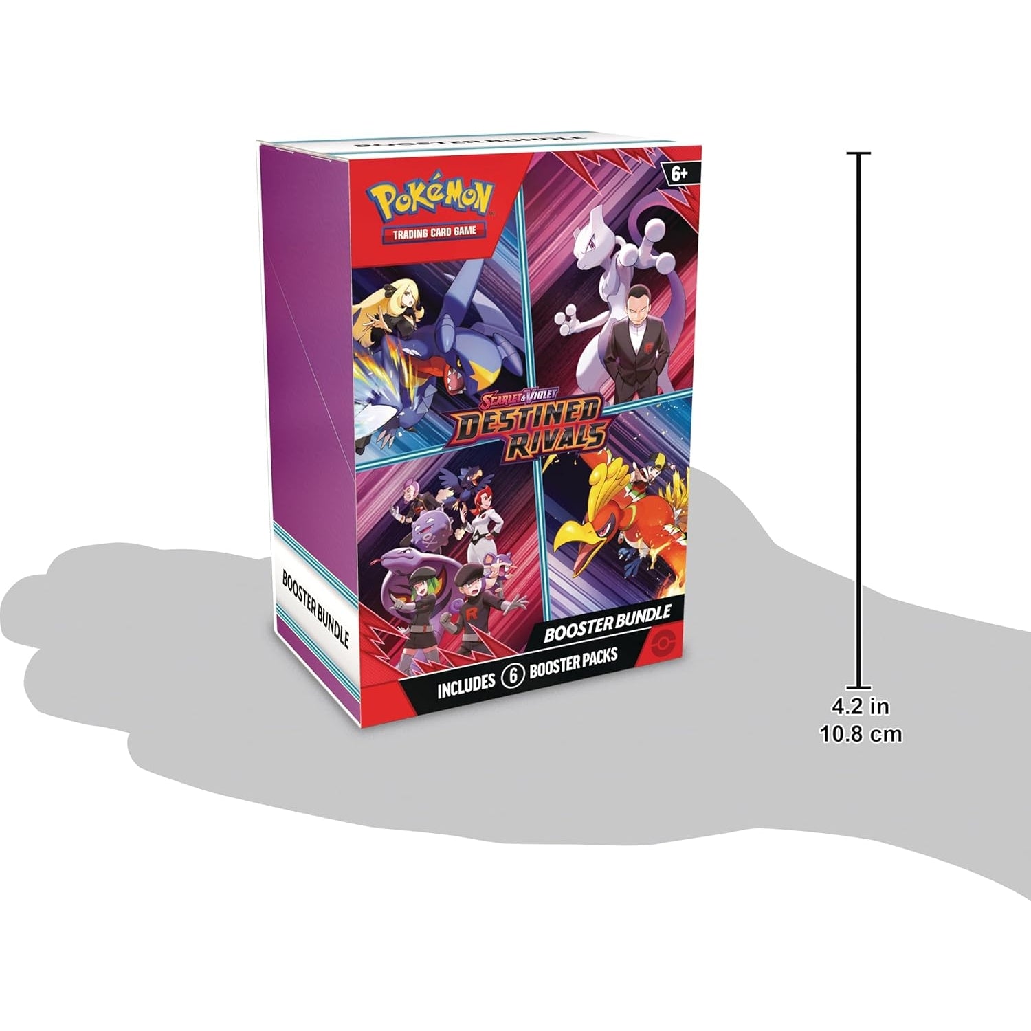 Pokémon Scarlet & Violet Destined Rivals Booster Bundle with 6 sealed packs, featuring characters like Giovanni, Mewtwo, Cynthia, and Garchomp ex